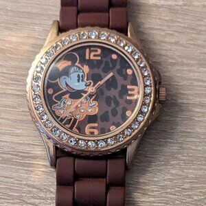 Vintage Minnie Mouse Watch – Rose-Gold Animal Print with Brown Silicone Strap (N